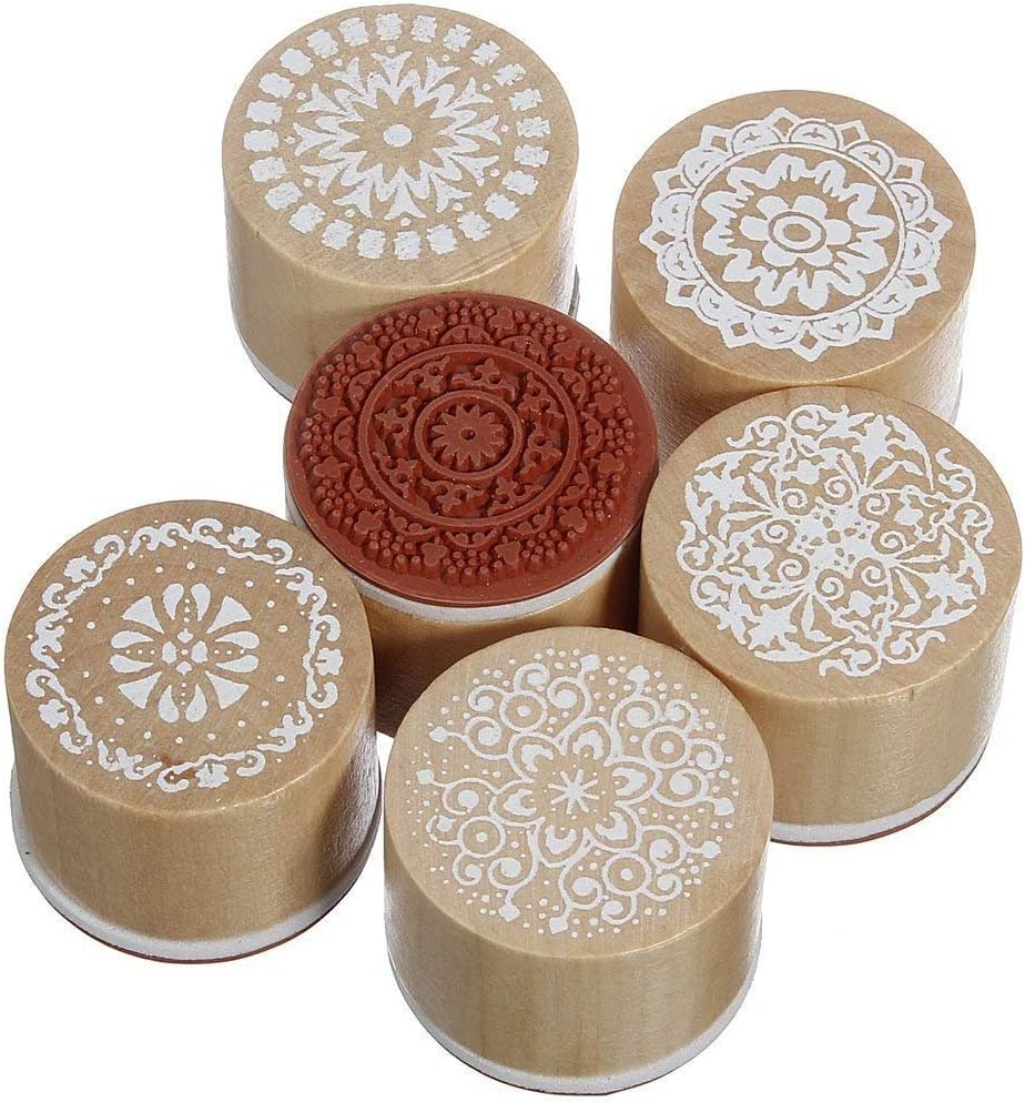 Potelin DIY Round lace Rubber Stamp Lace Design Wooden Wedding Stamps Collection Gorgeous Design 6 Pieces
