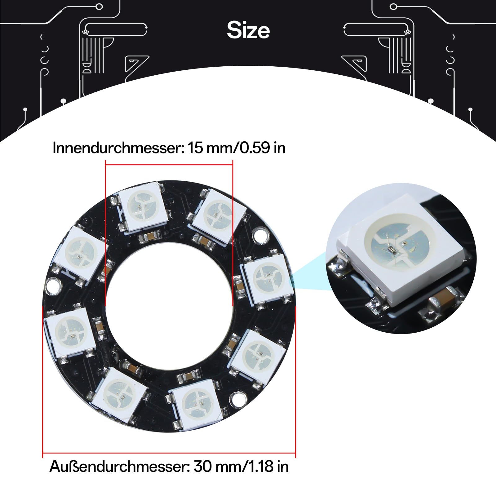 CUQI WS2812 RGB LED Ring 8 bit indirizzabile individualmente WS2812 LED diametro 50 mm per Arduino, Raspberry Pi, progetti fai da te