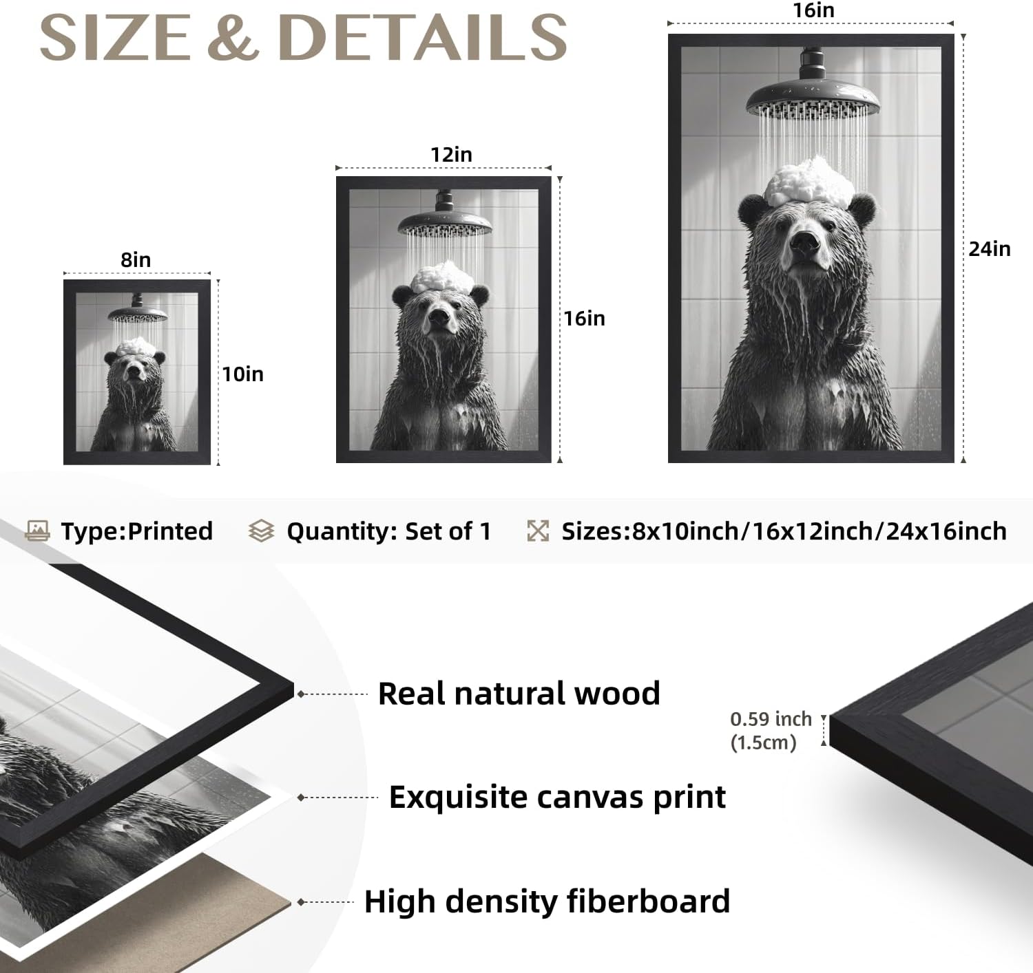 EisEver Funny Bear Bathroom Wall Art, Black and White Bear Shower Wall Decor, Humorous Animal Canvas Print, Modern Minimalist Bathroom Aesthetic Artwork for Restroom Wood Framed 12x16 Inch