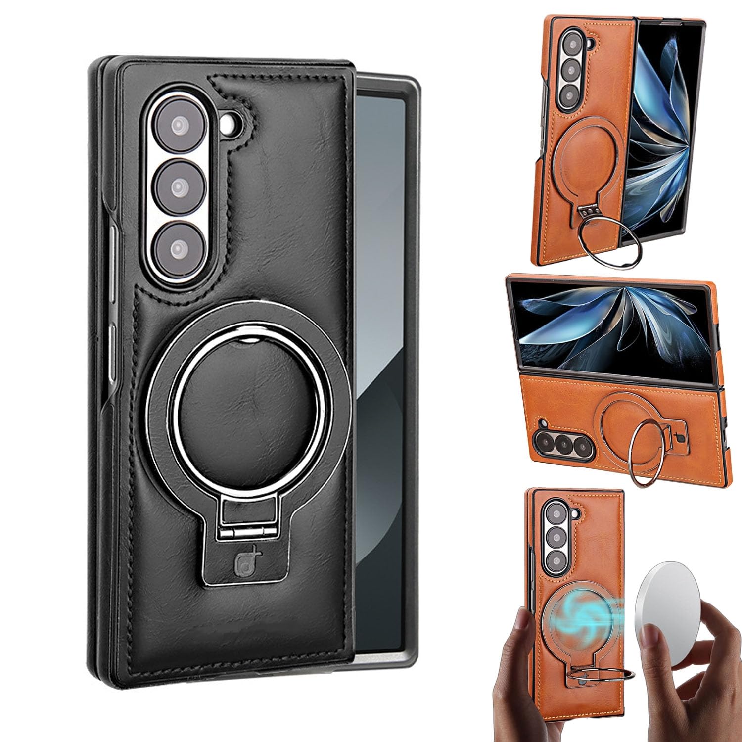 Premium PU Leather Magnetic Case with Stand for Samsung Case, Transmitg Phone Case with Magnetic Invisible Ring Stand for Samsung Fold 3/4/5/6 (Black,
