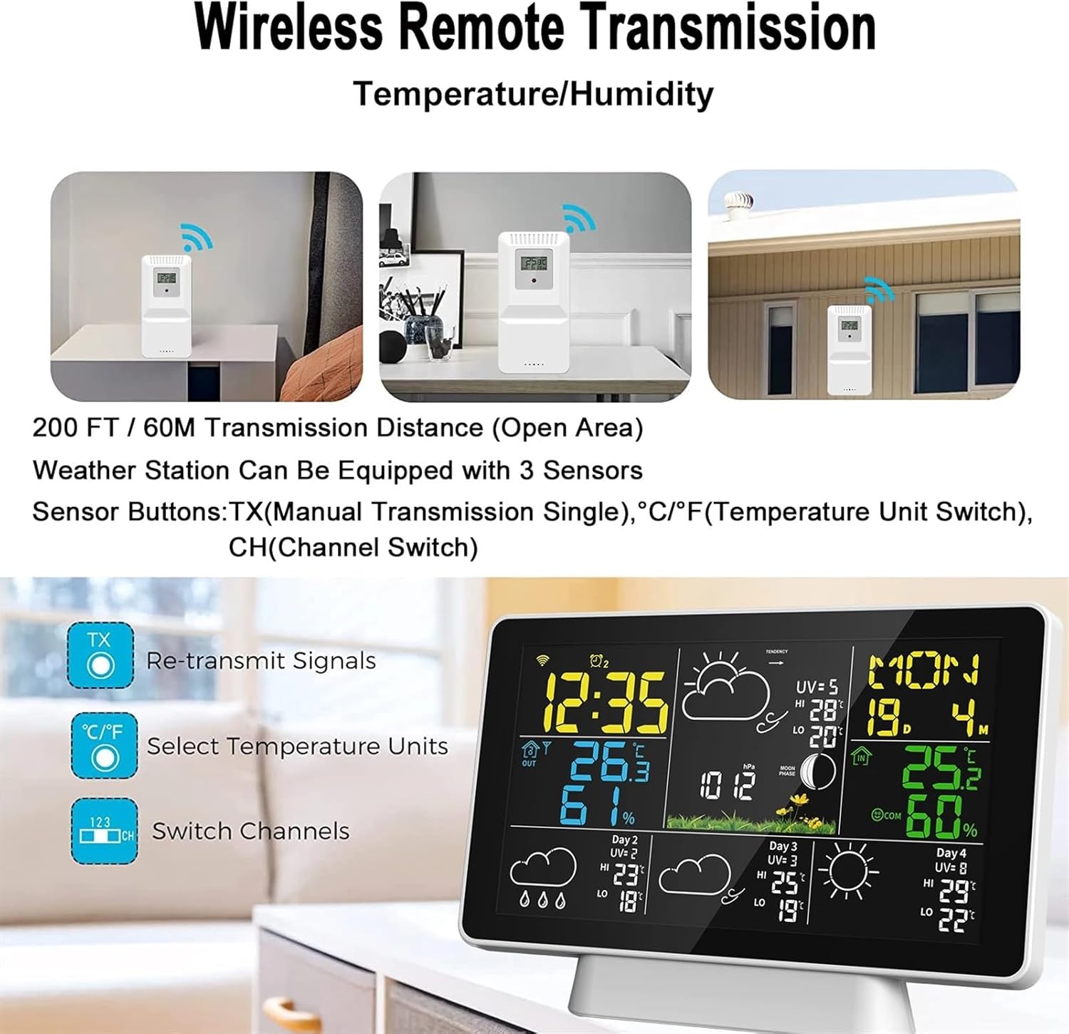 Weather Station Smart Weather Station Temperature and Humidity Meter Time Calibration Moon Phase Atmospheric Pressure Weather Clock,