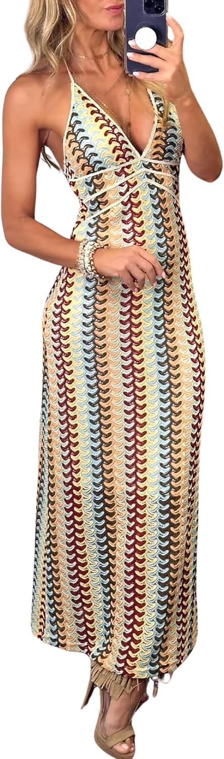 BAIMORE Women's Beach Dress Deep V Neck Backless Striped Bodycon Halter Knit Maxi Dress