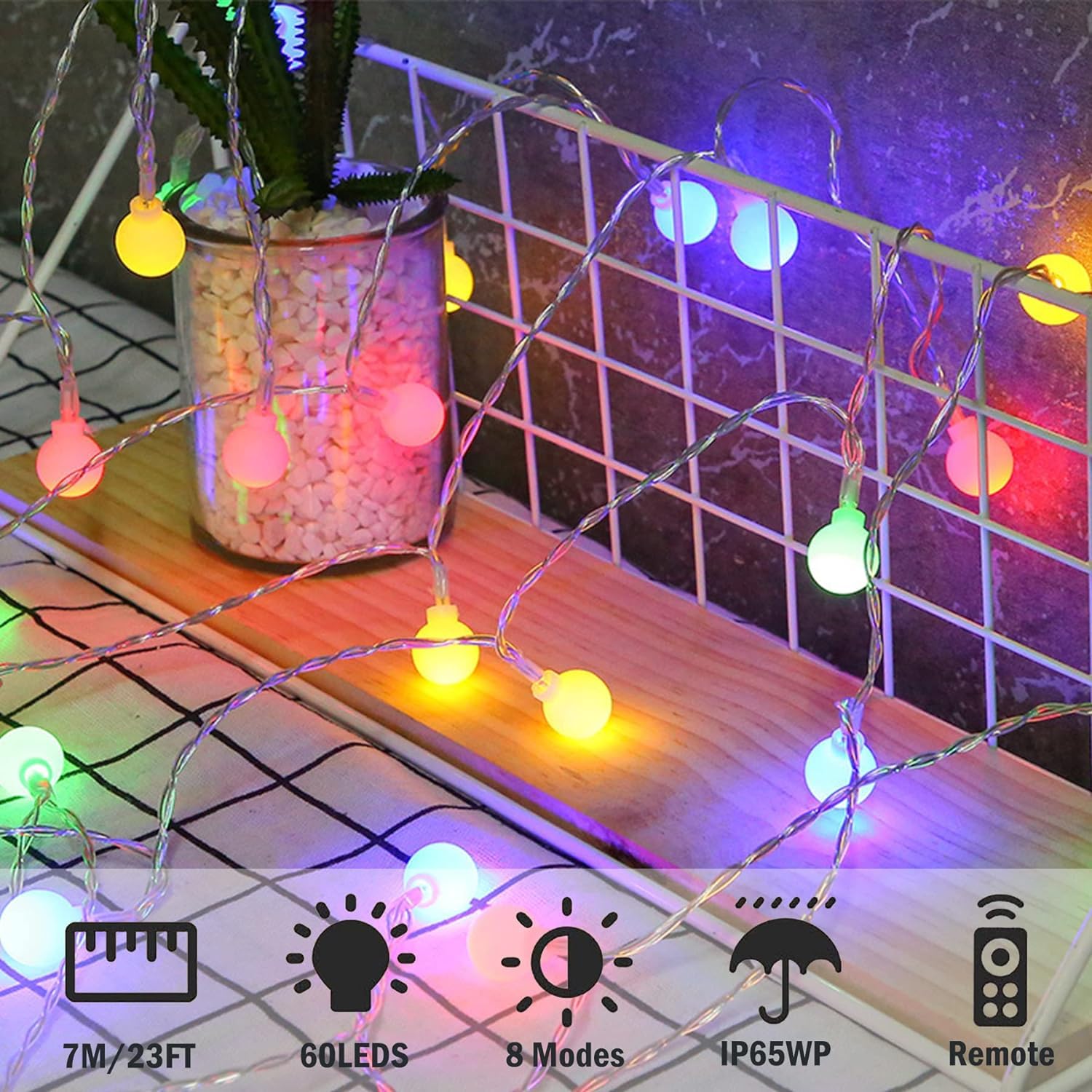 Qillnyy Catena luminosa a batteria, 7 m, 60 LED, con 8 modalità di illuminazione regolabili, catena luminosa a batteria, impermeabile, per interni, esterni, Natale (multicolore)