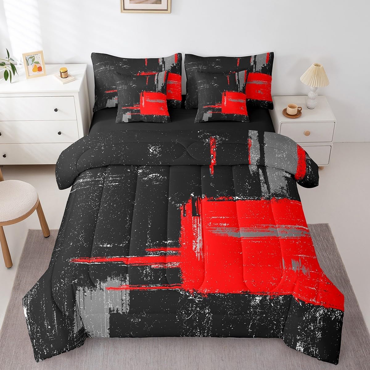 Burgundy Red 7 Piece Bedding Set King Modern Abstract Bed Set Includes Comforter, Sheet Set, Pillowcases & Pillow Covers Bedroom Decor Vintage Luxury Stripes Comforter Set Soft Women Men Geometric