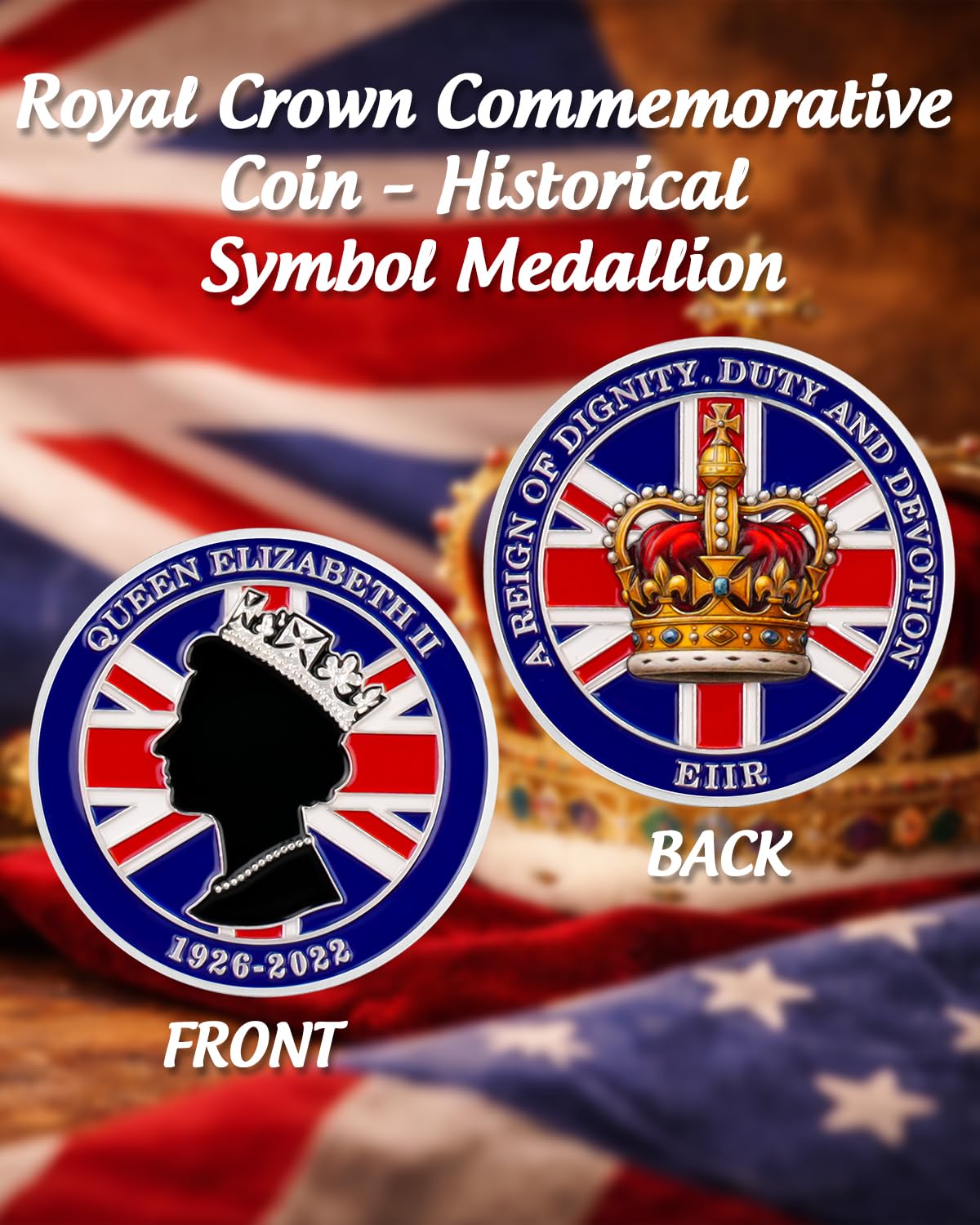 ACGZQY Queen Elizabeth II Tribute Coin, 1926-2022 Union Jack Enamel Coin with Royal Crown & Queen Silhouette - Image 2