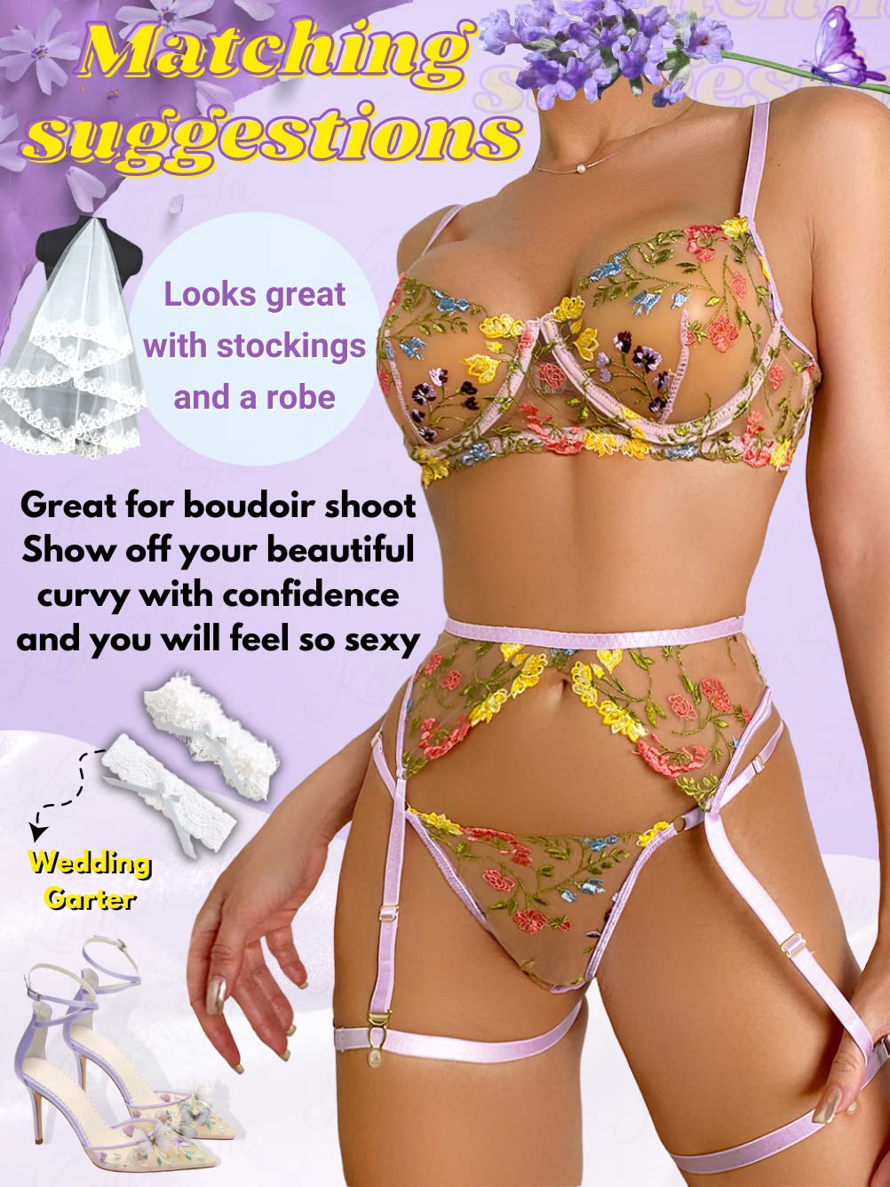Kaei&Shi Vibrant Floral Embroidery, Underwire, Thong, Thigh Straps, Lingerie Set: 0-2 Light Purple