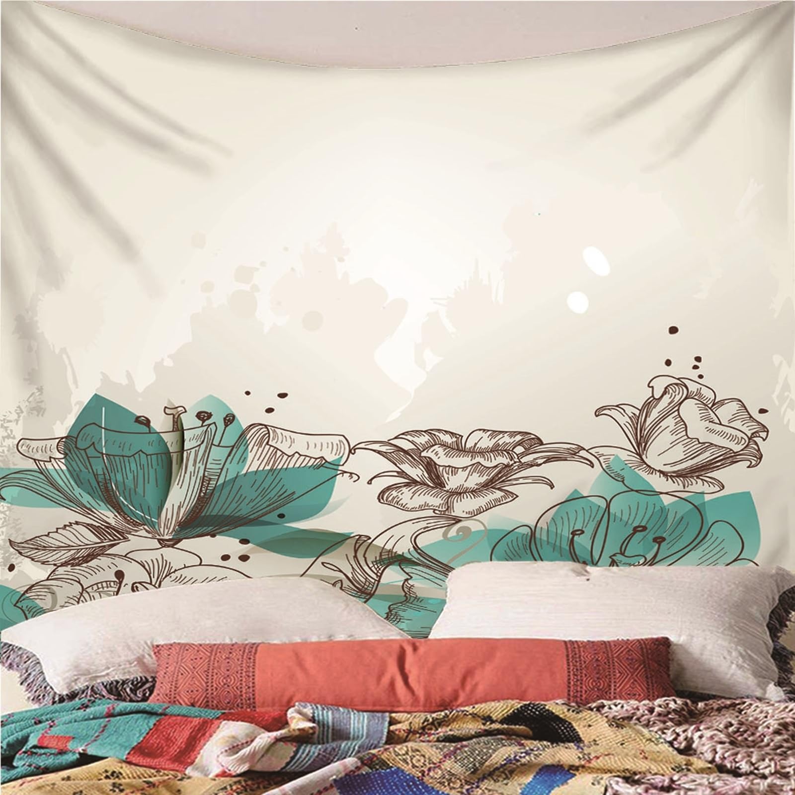 Lieson Arazzo Decorativo, Arazzo Decorativo da Parete 260x240CM Fiori Pittura A Inchiostro Tappeto Parete da Appendere Alla Parete Per Decorazione Della Casa, Grigio Verde