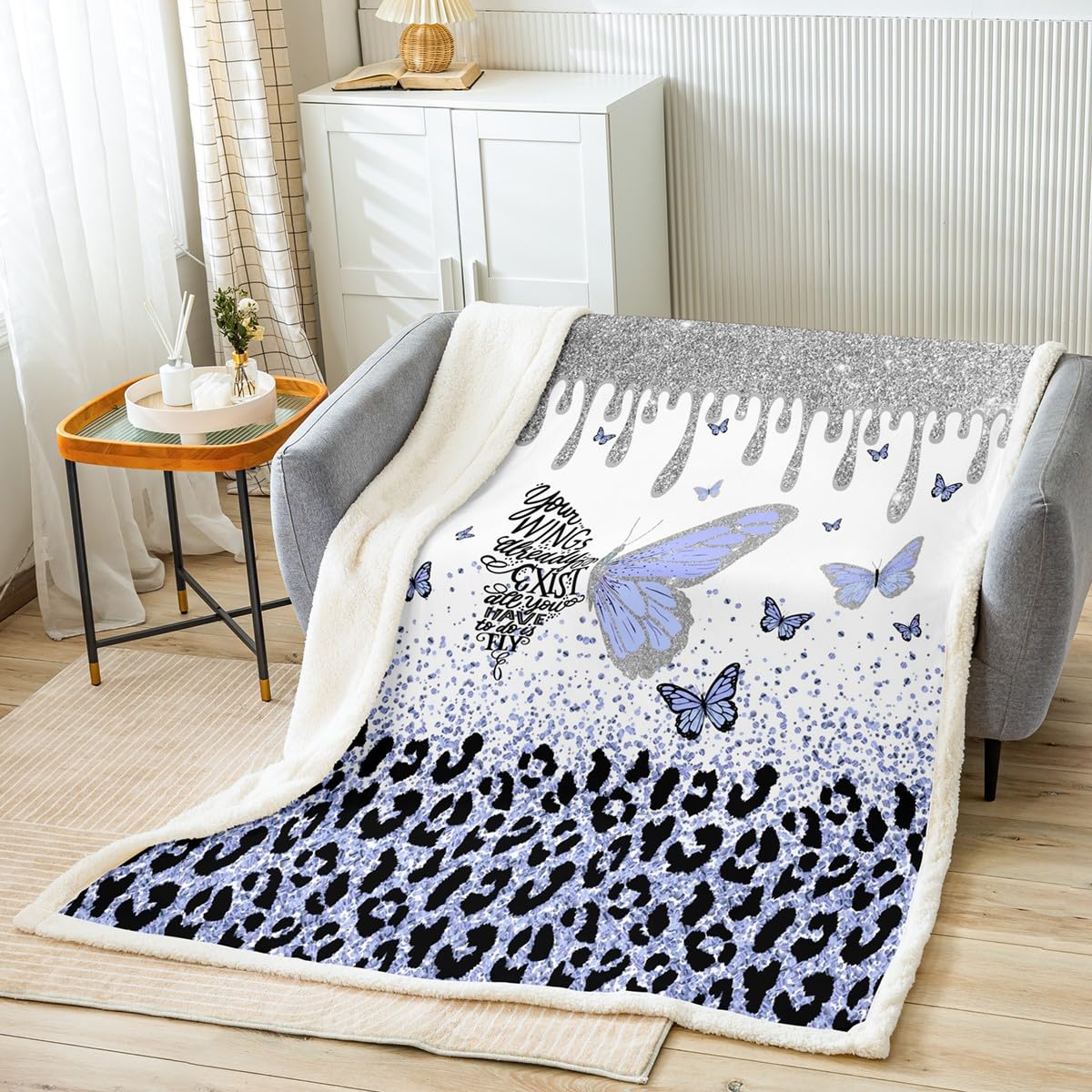 Manfei Purple Butterfly Throw Blanket Silver Glitter Blanket for Couch Sofa, Purple Leopard Print Bed Blanket for Kids Boys Girls Adults, Soft and Breathable Fleece Blanket(90 x 90 Inches)