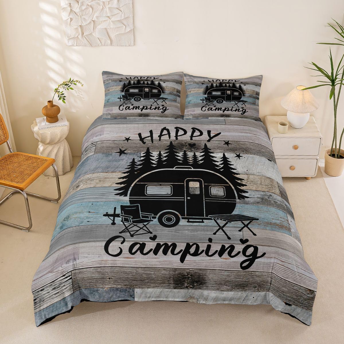Erosebridal Vintage Camping Toddler Duvet Cover Country Farmhouse Cabin Comforter Cover Retro Camper RV Bedding Set Bright Blue Rustic Wooden Quilt Cover