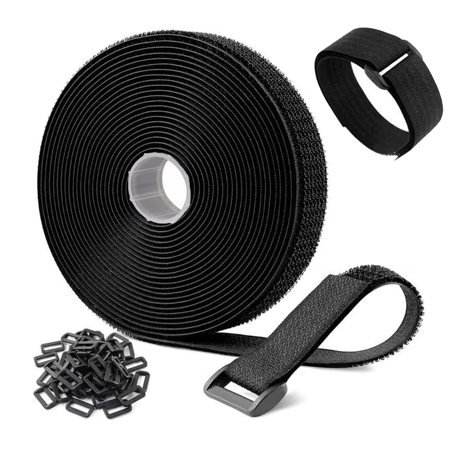 Treetribe Black 1 Roll 5M Adjustable Cable Straps With 25 Buckles,Free Cut Length Reusable Fastening Self Adhesive Cable Ties For Cable Tidy, Wire Management, Cord Organiser, 2Cm Wide