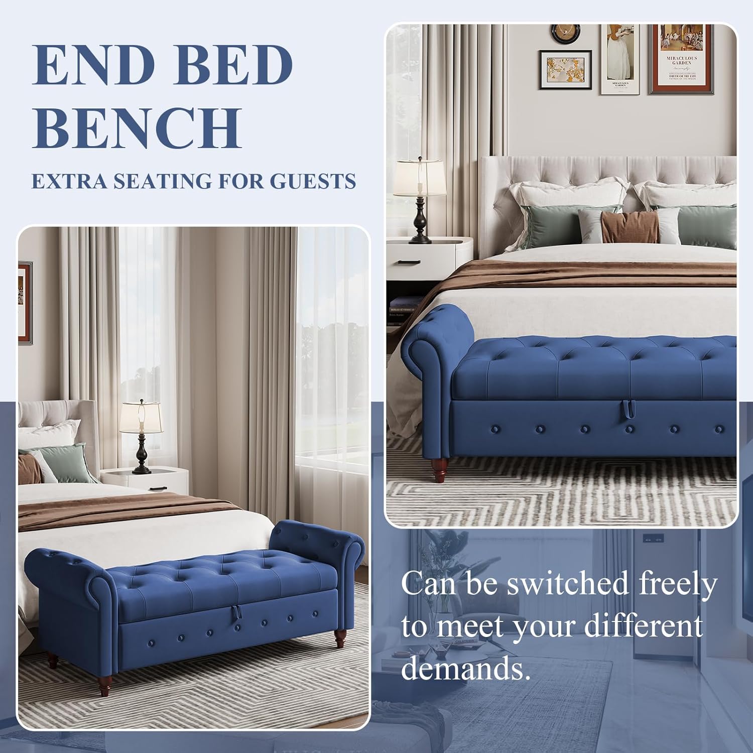 Modern 63'' Storage Ottoman Bench, Upholstered End Bed Bench with Curved Armrest, Button Tufted Entryway Bench with Wood Legs, Bed Bench for Bedroom, Living Room, Hallway (Navy Blue)
