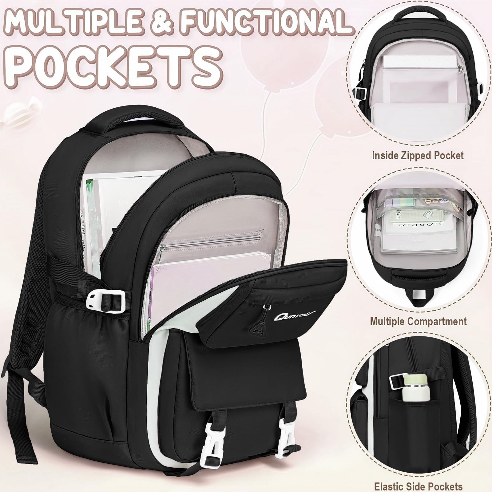 Amythe Ensemble de Sac à Dos Fille Primaire 3 Pièce, 2025 Cartable Enfant Scolaire avec Sacs à Déjeuner et Trousse Crayon, Sac Ecole Fille pour CP CE CM 6 à 12 ans-Noir