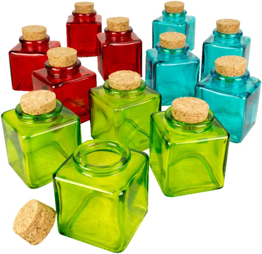 Square Food Safe Glass Bottles with Corks, 3 inch, 3.4 oz