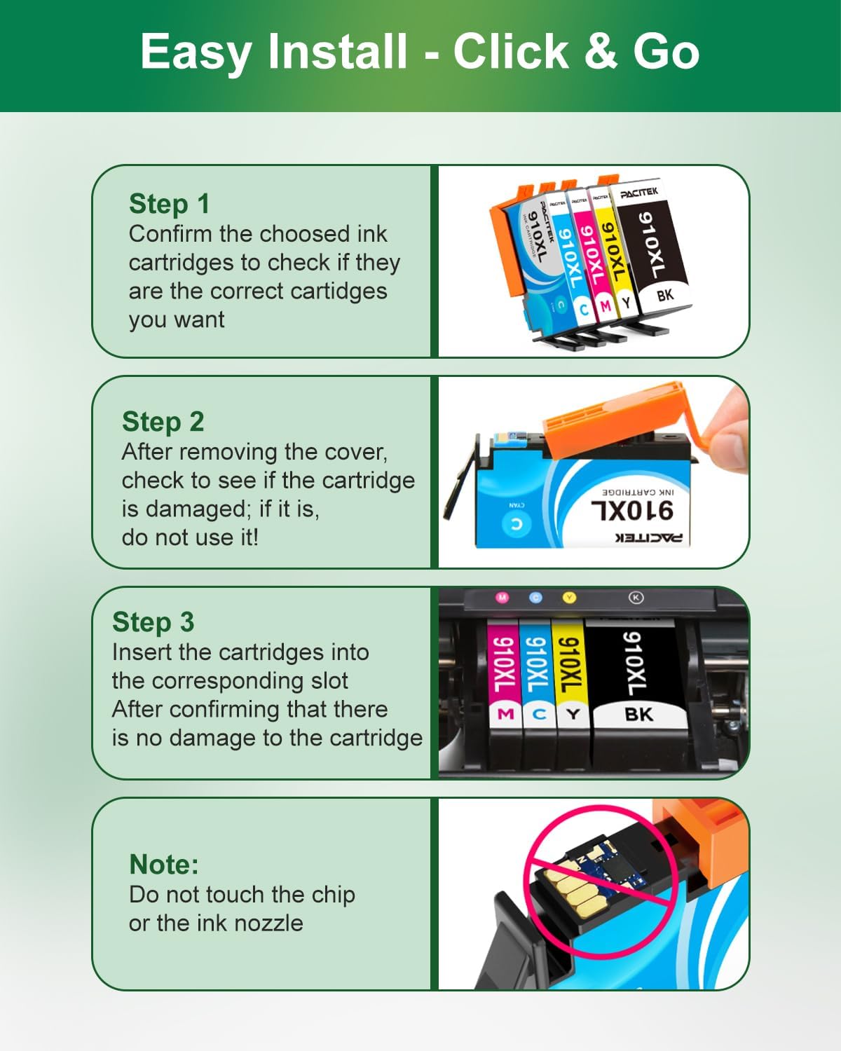 910XL Ink Cartridges Combo Pack Replacement for HP 910 XL 910XL to use with OfficeJet 8010 8015 8018 OfficeJet Pro 8020 8022 8025 8028 8035 Printers (Black, Cyan, Magenta, Yellow, 4-Pack)