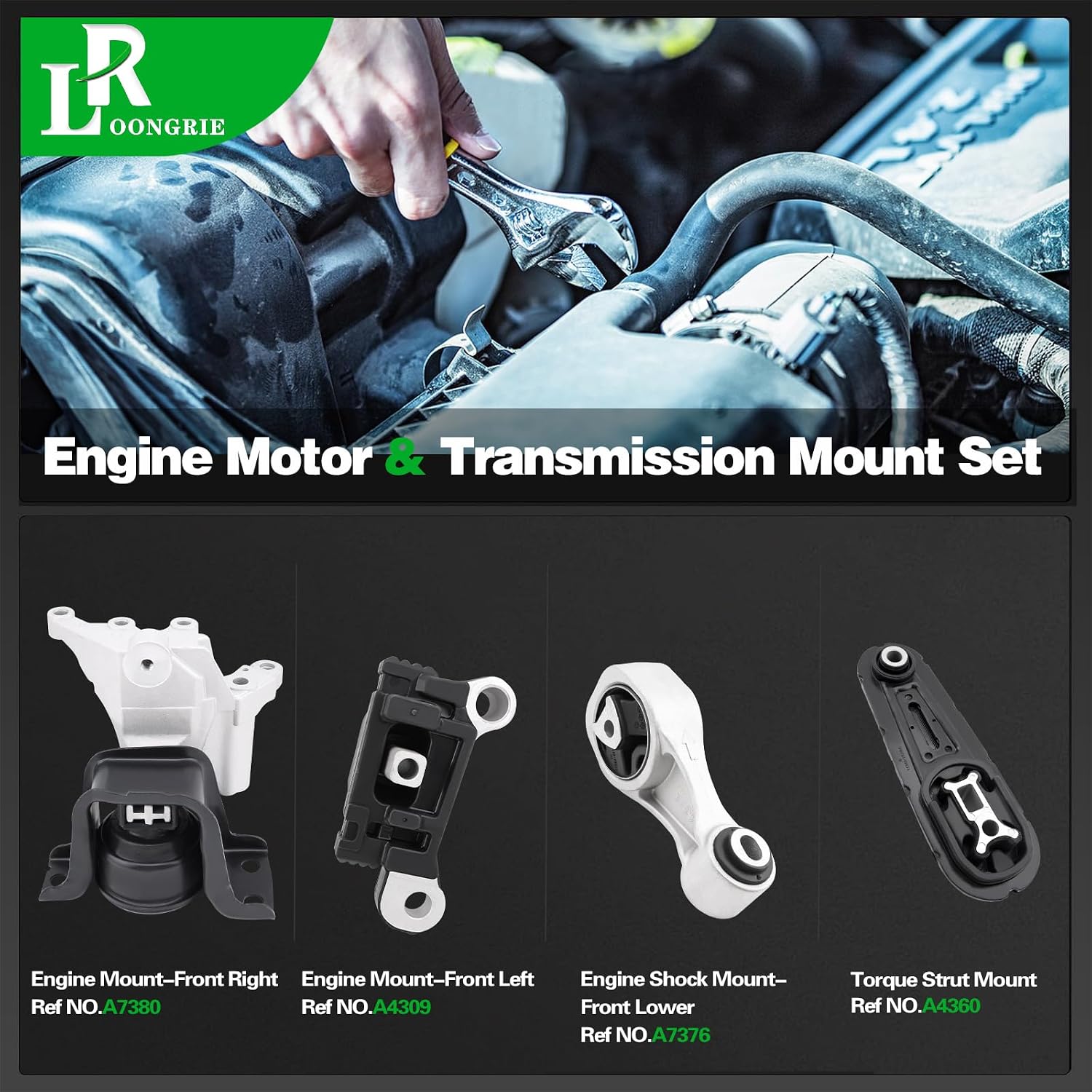 LOONGRIE Engine Motor and Trans Mount Kit Compatible with Juke 2011-2017 1.6L L4 AWD Automatic CVT Trans, Replace# A4360 113601KA0A A4309 112201KF0A A7380 112101KC0B A7376 113501KC0A 4pcs