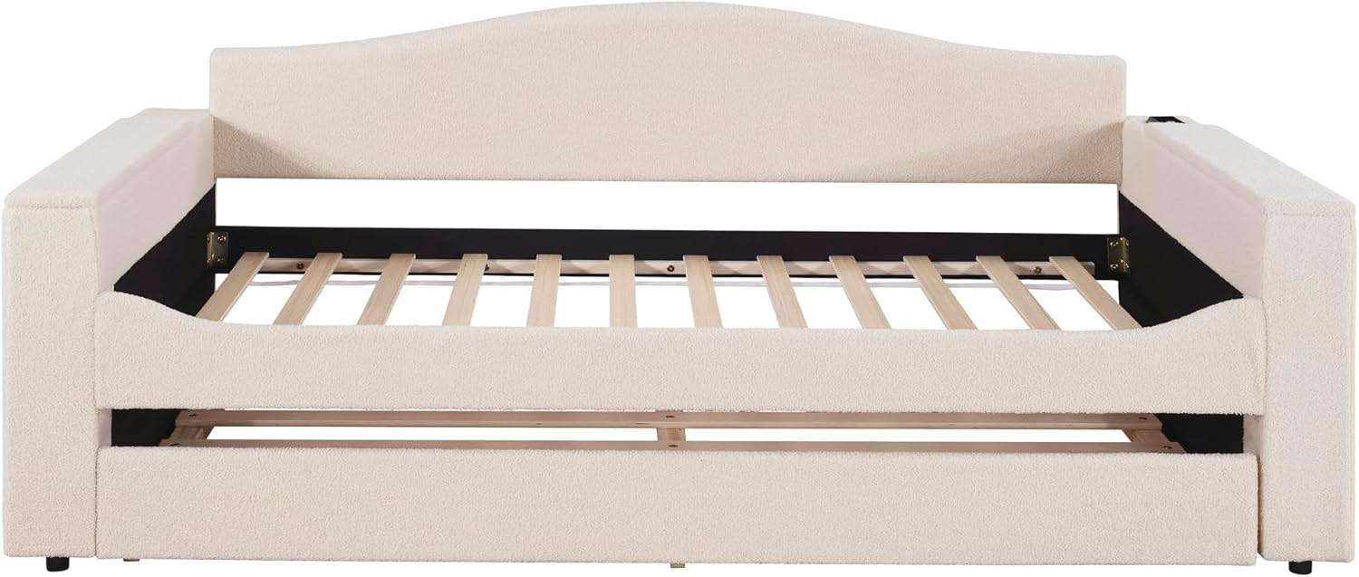 SOFTSEA Twin Size Daybed with Trundle, Modern Upholstered Daybed with Storage Armrests, USB Ports and Audio, Teddy Fleece Sofa Bed Frame with Storage for Living Room, Bedroom, Beige