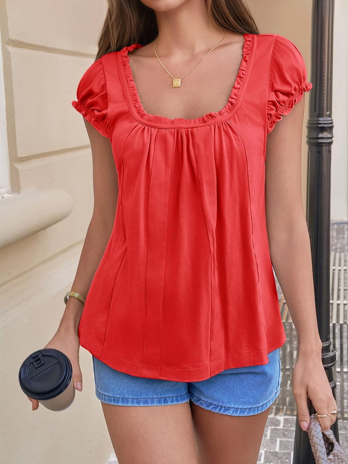 Tankaneo Womens Babydoll Tops Cap Puff Sleeve Ruffle Tank Tops Summer Scoop Neck Flowy Shirts Trendy Casual Pleated Blouse - Image 4