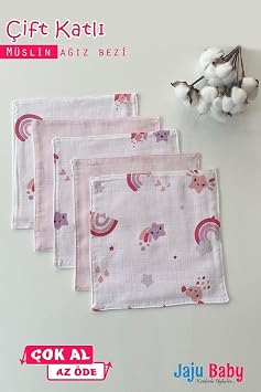 Jaju Baby Pembe 5 Adet%100 Pamuk  ift Katl  M slin Kuma  Omuz  rt s  A z Mendili S rt Mendili Tek Ebat