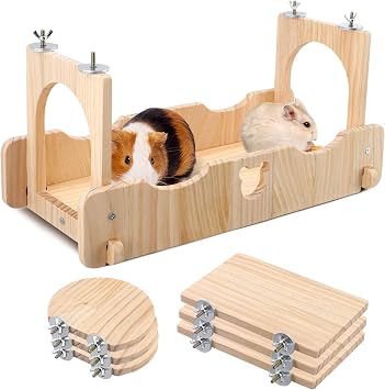 Wood Chinchilla Platform and Hammock Set, Wooden Hamster Platform Suspension Bridge Set, Cage Wooden Habitat Toys for Hamster, Sugar Glider, Guinea Pig, Rats Squirrel, Chinchilla Standing toys