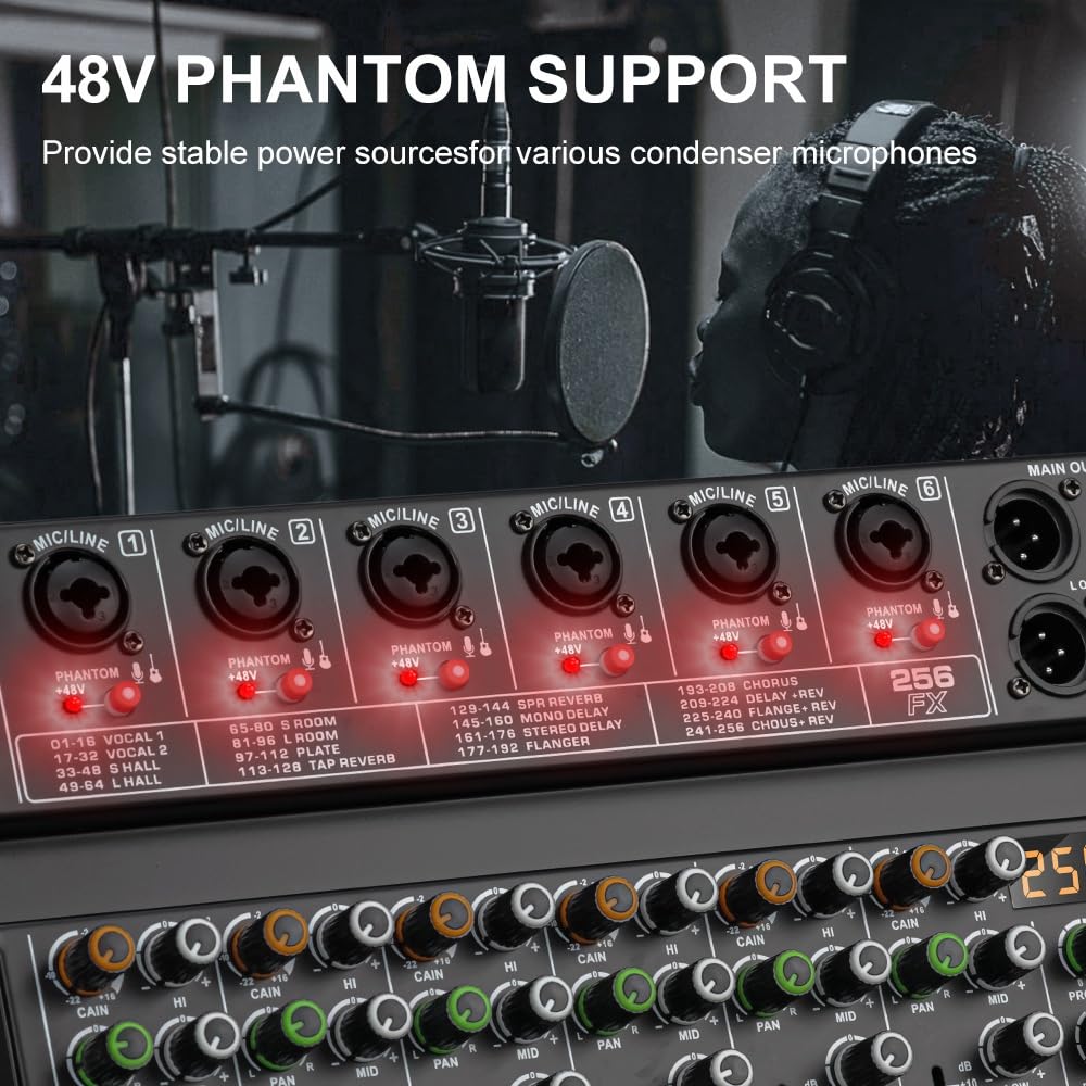 Mezclador de audio, Mezclador de efectos DSP de 6 canales, 256, grabación de PC, alimentación fantasma de 48V, mezcladores de sonido USB, Bluetooth Para karaoke, estudio, streaming y grabación