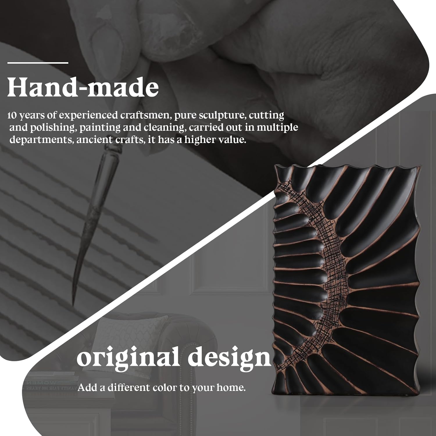 Modern Home Decor Tall Vase, Black Elegant Large Vase,12inch Vases for Kitchen, Bedroom, Office, Living Room, Bathroom, & Shelf Centerpiece Table Decorations