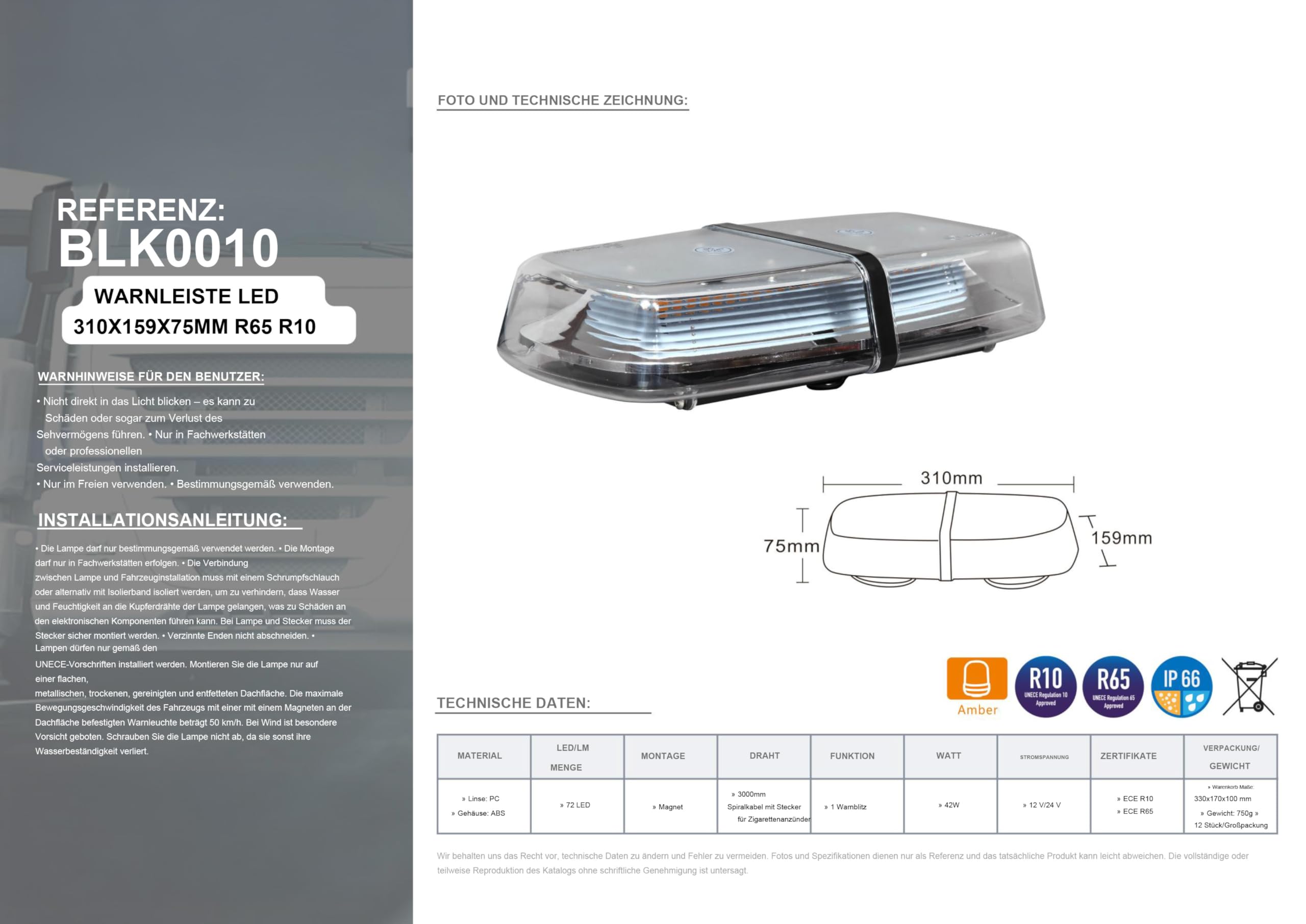 Barra de Advertencia Magnética LED Baliza Señalizacion de 310 mm, 12 V, 24 V, 42 W