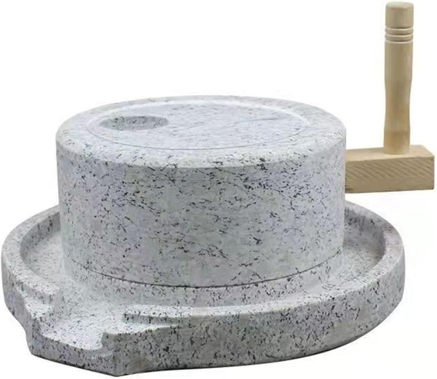 Dry/Wet Mill, Natural Smooth Granite Manual Food Paste Mill Small Natural Stone Ornament with Wooden Frame for Grain