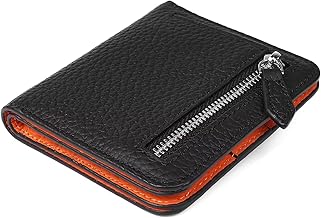 GADIEMKENSD Small Wallet Top Grain Leather RFID Blocking Mini Bifold Ultra Slim Minimalist Purse with Zipper Coin Pocket, Black/Orange, One size