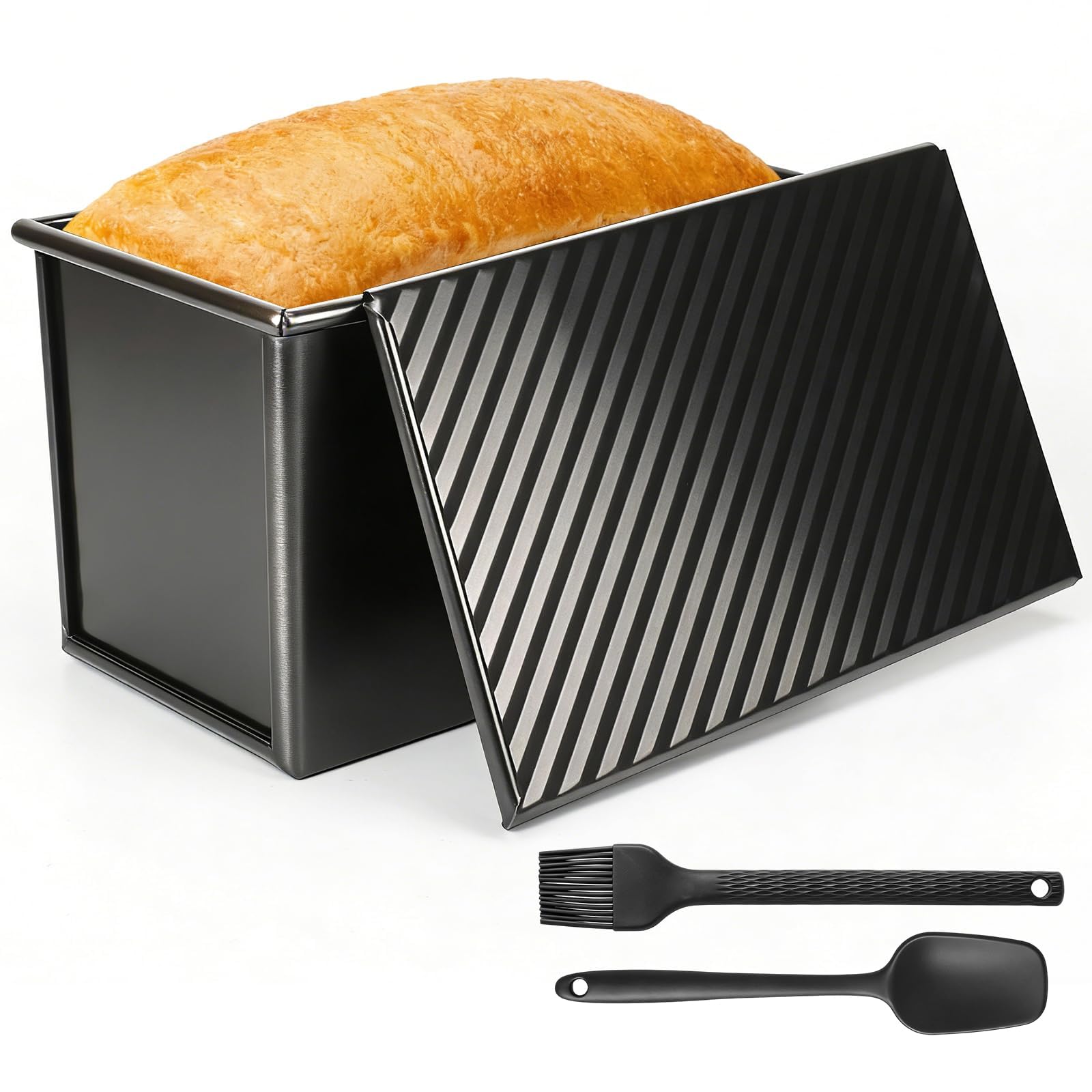 COEWUR Loaf Tin with Lid 1lb(450g), Non Stick Bread Tins for Baking, Carbon Steel Pullman Loaf Tin with Slide Cover and Silicone Brush Spatula Set, Food-Grade Coated, 21x11.5x12cm
