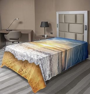 Lunarable Ocean Flat Sheet, Idylic Scene of a Sunset with Zippy Waves Moving on to Sand at a Beach, Soft Comfortable Top Sheet Decorative Bedding 1 Piece, Twin Size, Apricot White