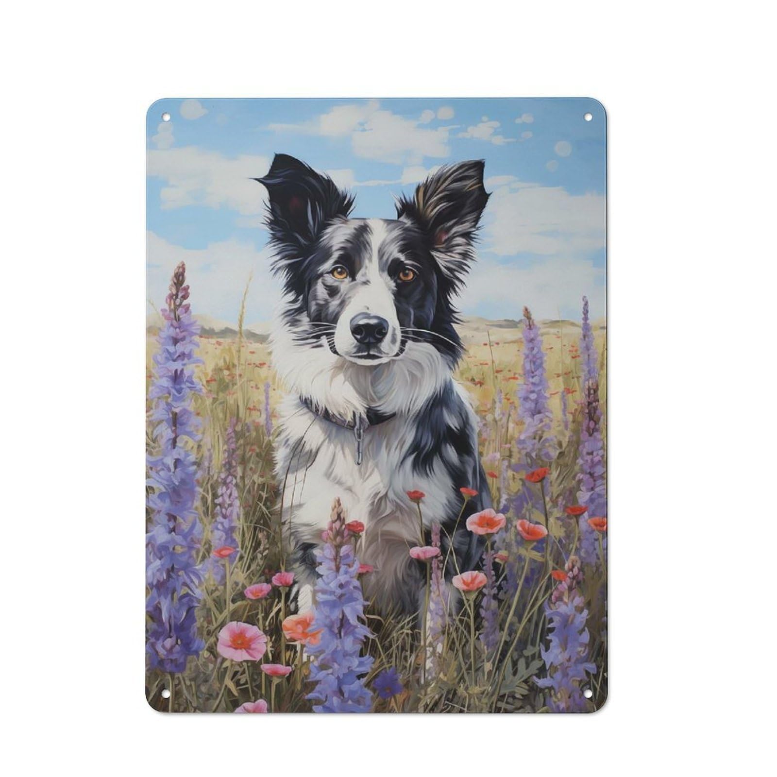 Junmoney Style-5 Vintage Tin Sign 40X30cm With Border Collie In Flowers For Bar Or Restaurant, Suited To Bar Decor Enthusiasts