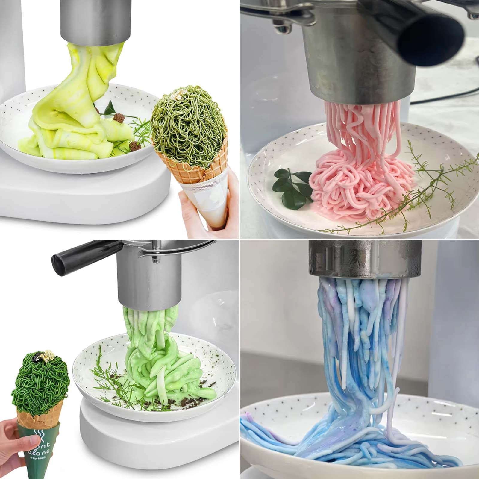 MáQuina para Helado De Espagueti, con 4 Formas Decorativas, Tolva De 420 Ml, Encendido con Un Solo Toque, Ideal para Banquetes, Fiestas y Servicios De Catering White