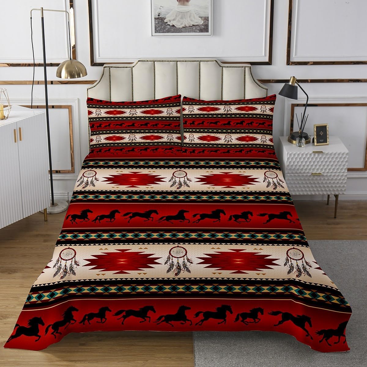 Erosebridal Horse Coverlet Set Dream Catchers Bedspread for Cowboy Cowgirl,Southwestern Native Aztec Horses Quilted Bohemian Tribe Quilt Set King Size Farmhouse Wildlife Bedroom Decor,Red