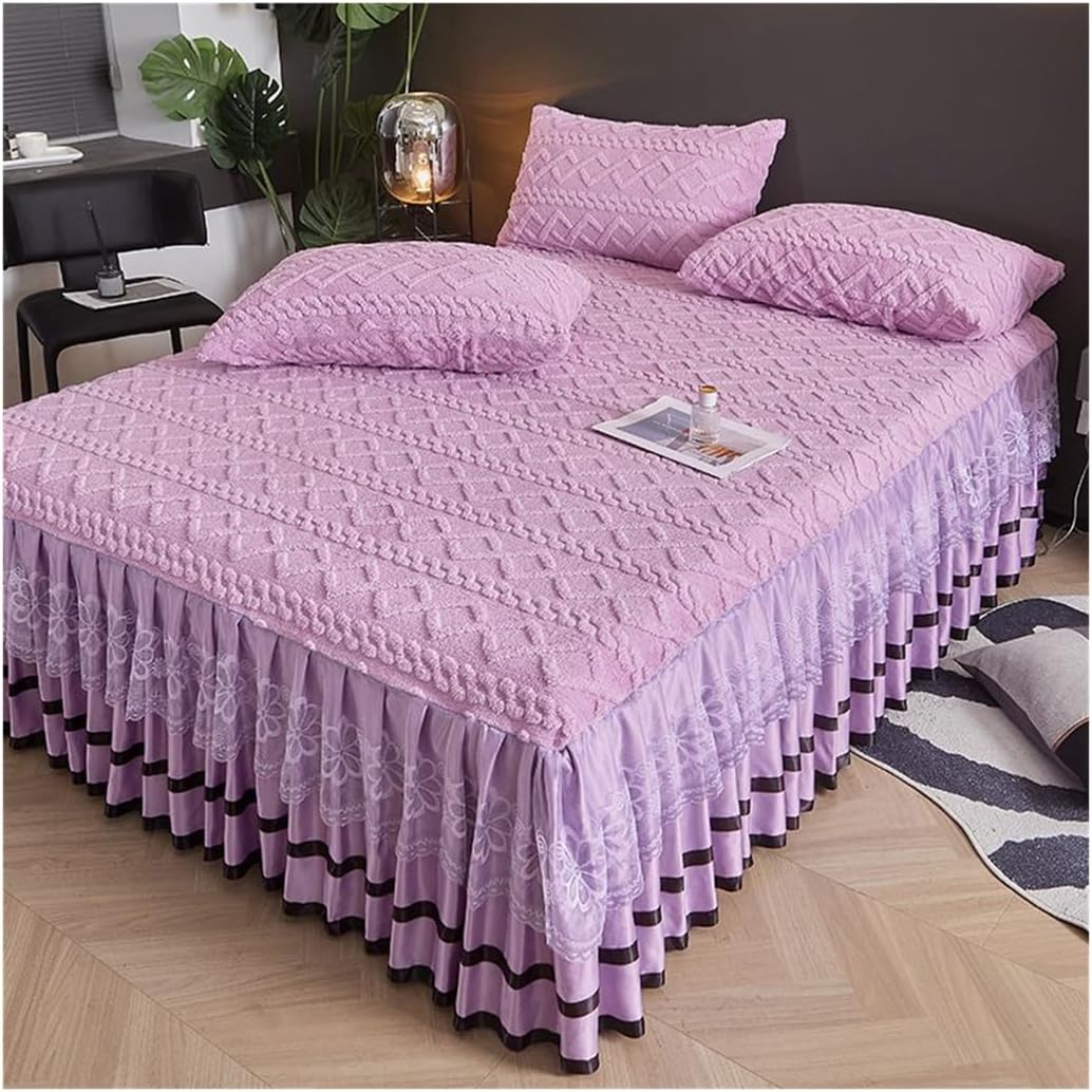 Drop Down Bed Skirt Multi Ruffle Lace, Bed Skirt with Pillow Cases, Bedspread Mattress Protector (200×220cm with 2 Pillowcases,Purple)