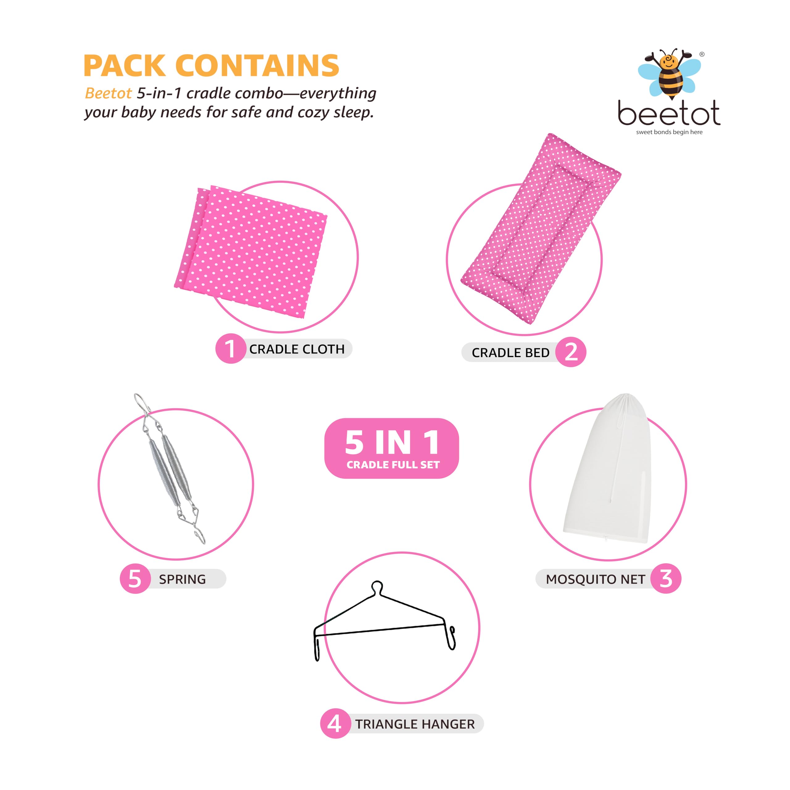 beetot Baby Swing Cradle (Jhula) for Newborns – Cloth Cradle with Removable Mattress, Mosquito Net, Spring & Triangle Hanger | Up to 15 kg | (Dark Pink Dot) - Image 2 thumbnail