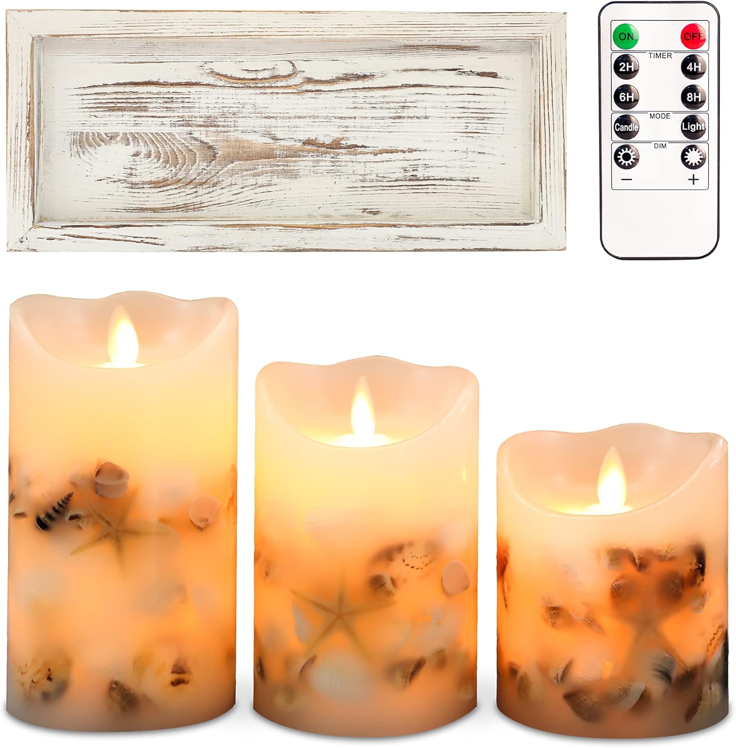 SILVERSTRO LED Flameless Candles (D 3.25" x H 4" 5" 6") with Candleholder, Nautical Theme Shell Embedded Candles with Remote, Battery Operated Candles for Party Wedding Christmas Decor : Tools & Home Improvement