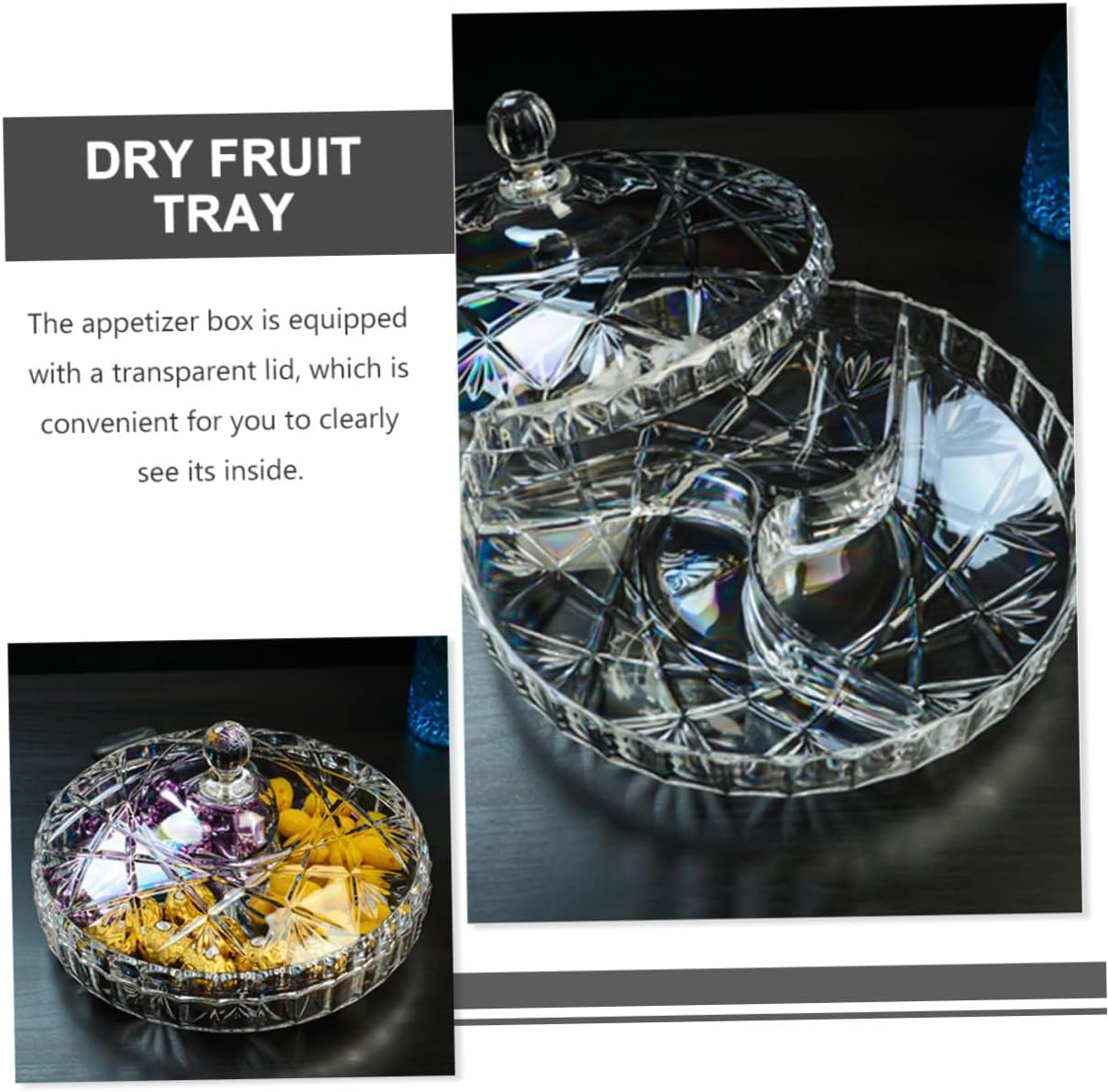 OUNONA Acrylic Snack Box with 3 Compartments Candy Container for Home Use for Dried Fruits Nuts and Sweets for Parties and Gatherings