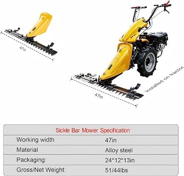 47 Sickle Bar Mower Attachment with 420cc 13.5HP Two-Wheel Walking Tractor, Gas Powered Brush Cutter, Cutter Bar Mower for Tall Grass, Hay, Weeds & Light Brush