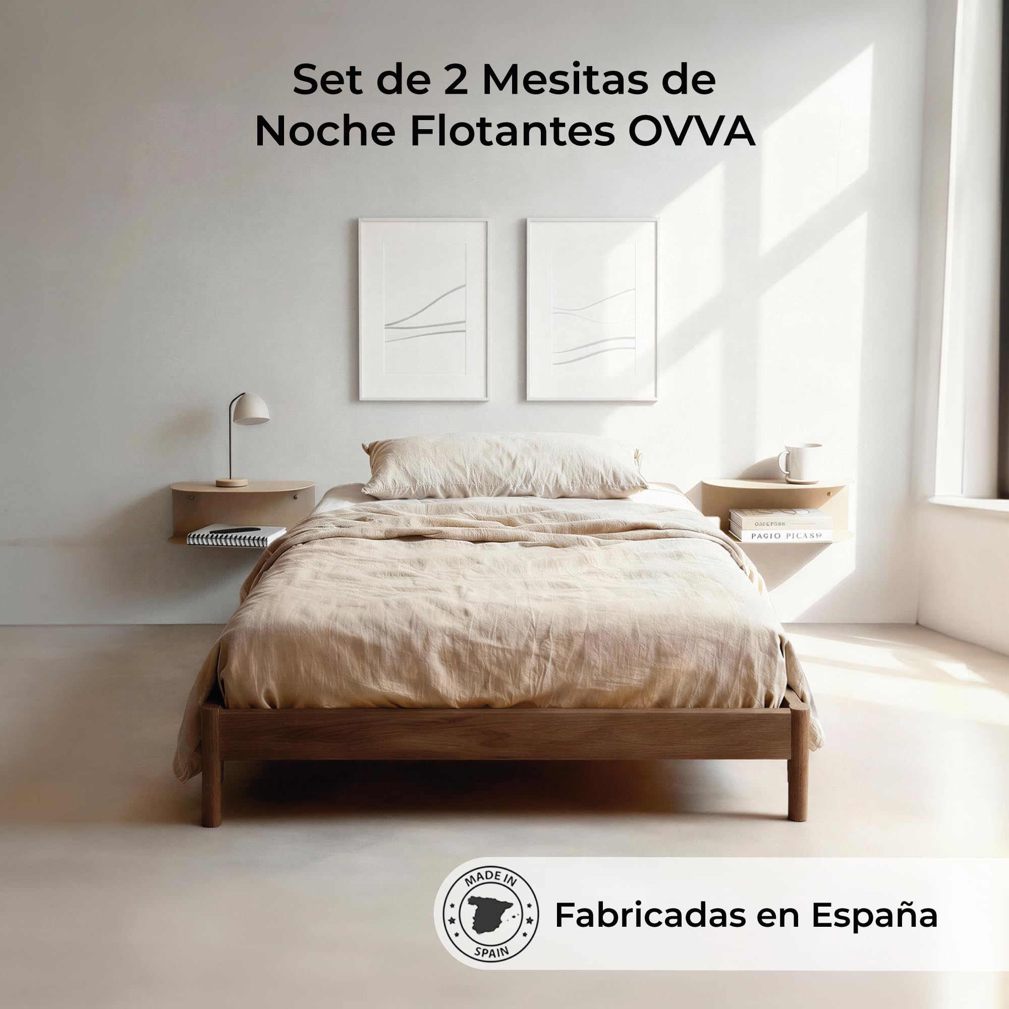MILUKA Pack 2 Mesitas de Noche Flotantes en Beige Arena 40 x 20 cm | Estanteria Pared Moderna con 2 Baldas en una Sola Pieza | Diseño Minimalista - Sin Montaje | Hecho en España