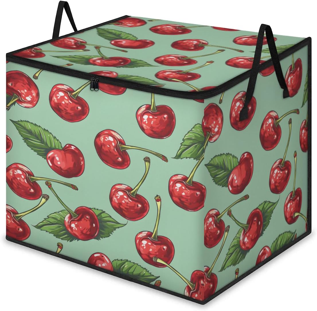 Honeybaby 214L Extra Large Comforter Storage Bag Fruit Cherry Leaves Storage Totes with Lids Waterproof Closet Organizer Folding Blanket Storage Bags for Clothes Bedding Pillows