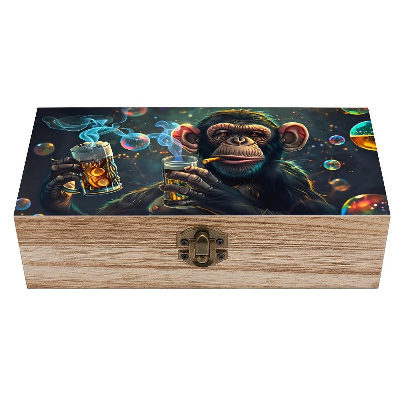 Peiyeety Black-8 Smoke Bubble Monkey Vintage Wooden Storage Box With Hinged Lid Rustic Natural Wood Keepsake Box For Jewelry, Trinkets, And Photos Decorative Small Chest Organizer (7.9" X 3.9" X 2.3")