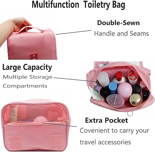 Miniatura 4 de Neceser colgante  Organizador de viaje de maquillaje cosmético grande para hombres y mujeres con gancho resistente, Rosado