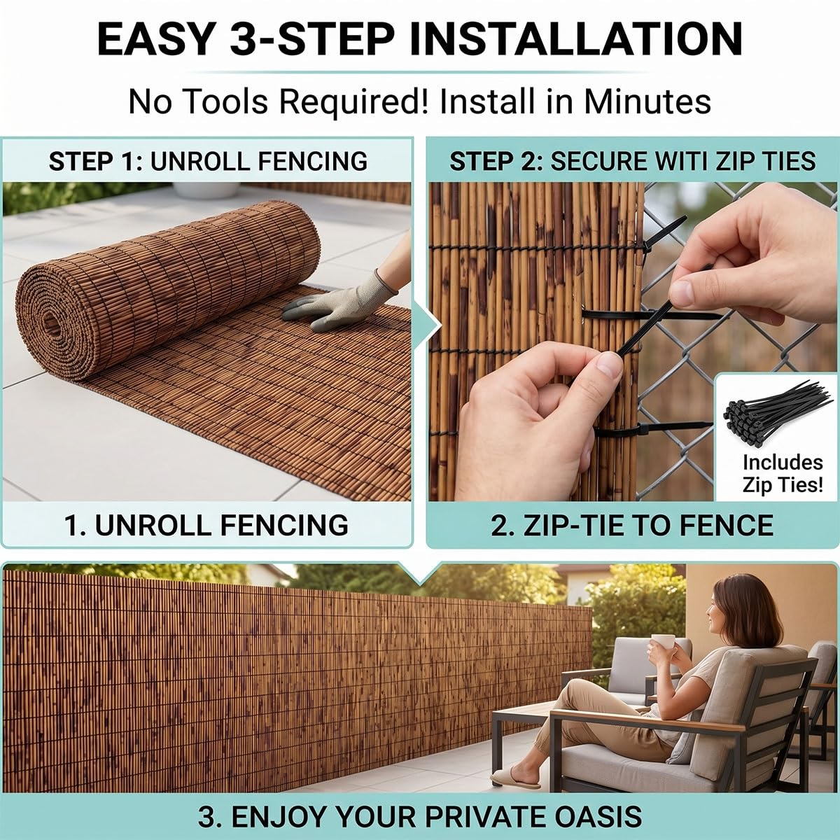 Cañizo Natural Trenzado Valla de Privacidad para Jardín Exterior Rollo de Caña Pantalla de Ocultación Protector Visual Decorativo para Piscina Patio Trasero Sombra Transpirable(Carbonizado,60x600cm)