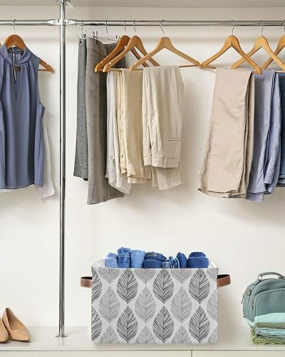 Miniatura 5 de Cesta de almacenamiento con textura de hojas grises para organizar estantes, cajas de almacenamiento plegables con asa, cesta de lona de hojas de