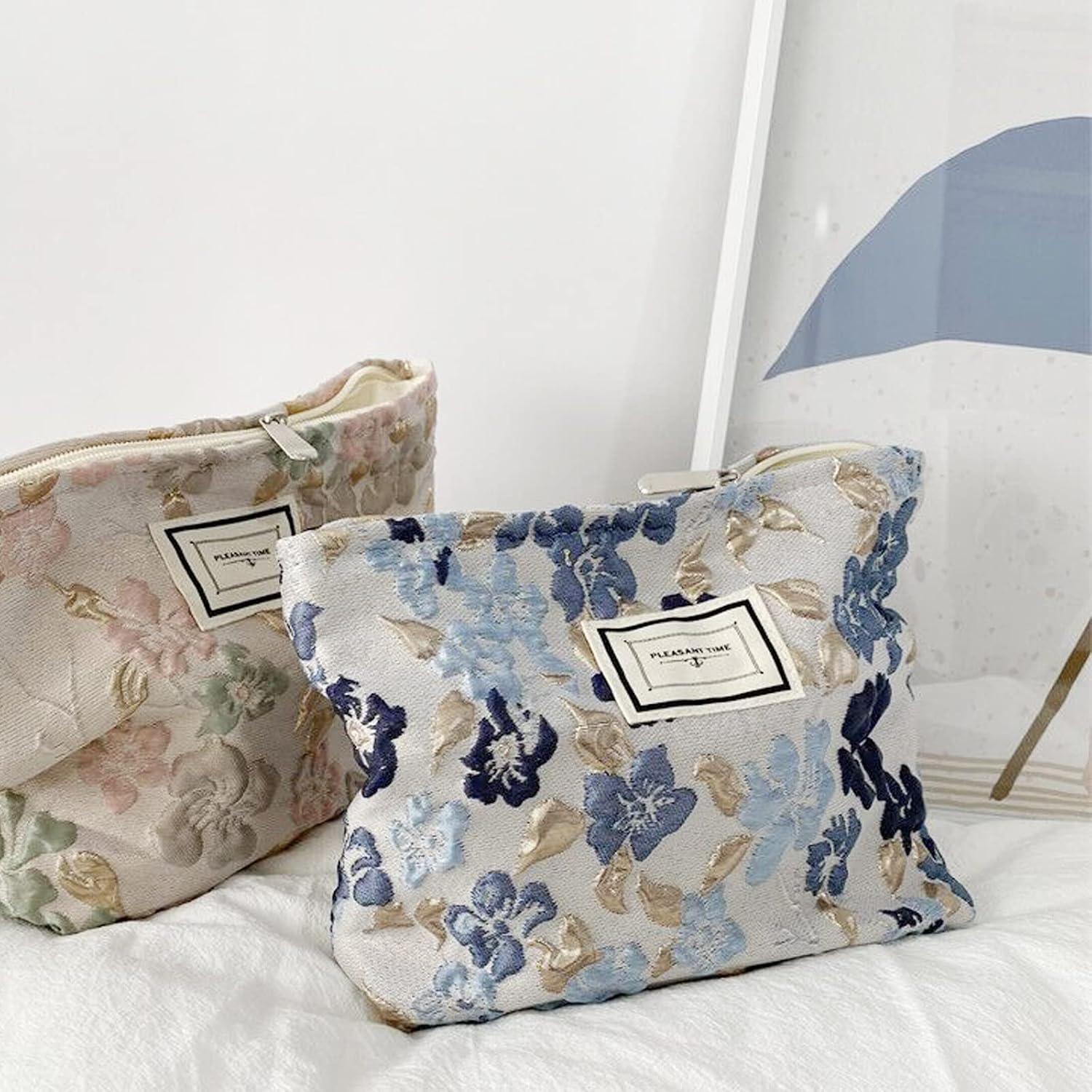 SxoSyo Flowers Makeup Bag for Women, Large Cosmetic Pouch for Purse, Blue image 5