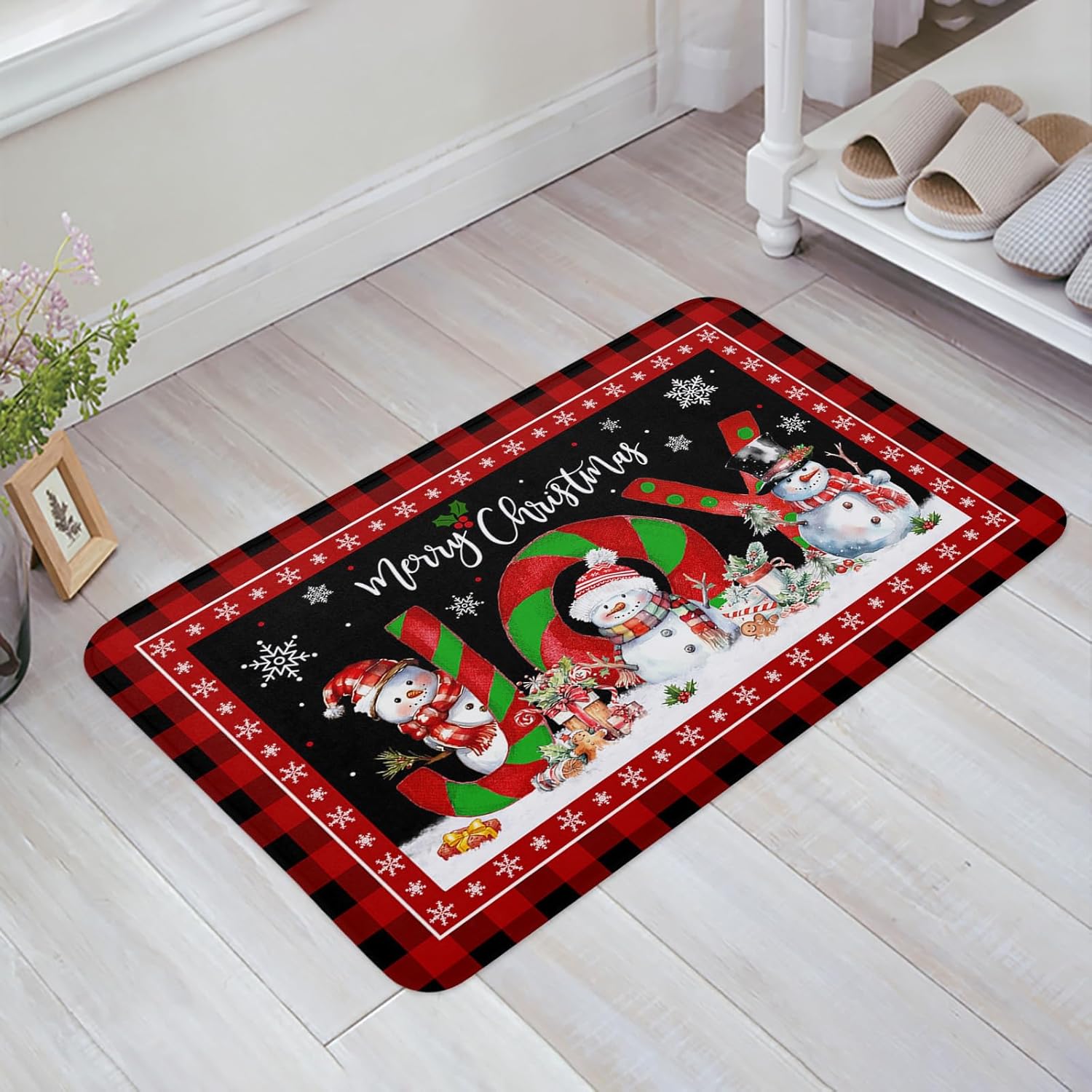 QueenKer Merry Christmas Front Door Mats, Joy Outdoor Indoor Entrance Doormat Snowman and Candy Kitchen Mat Non-Slip Bathroom Rugs Washable Buffalo Plaid Balck Floor Mats for Porch/Sink, 18" x 30"