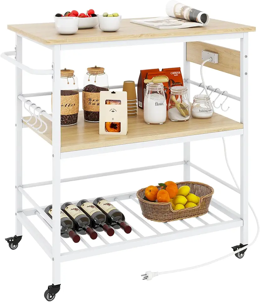 IBUYKE Ilha De Cozinha Com 3 Prateleiras, Mesa Para Tomada, Carrinho Bancada Grande, Bar Rodinhas Casa, Área Externa, Tmj024R