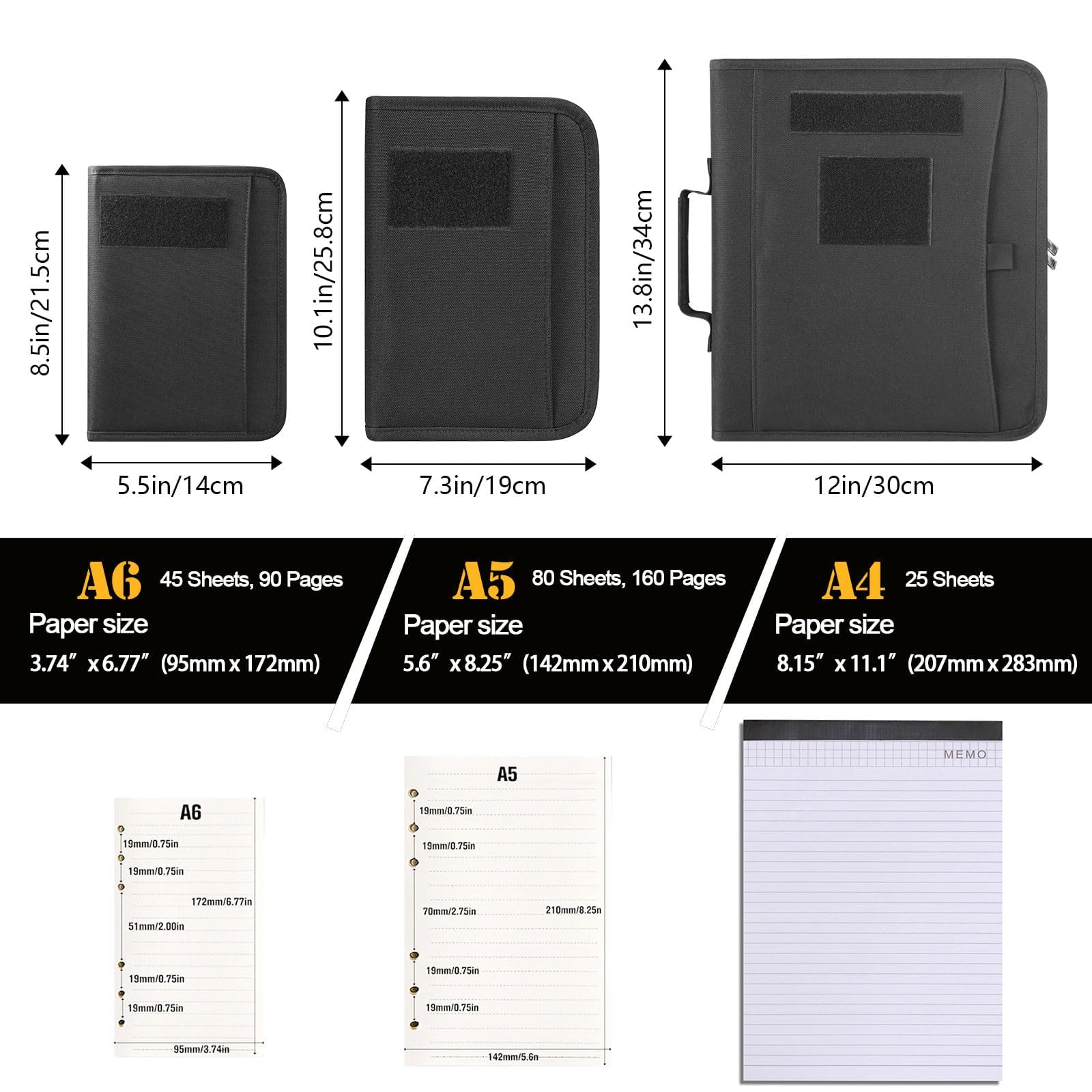 Kosibate Raccoglitore tattico ad anelli con 45 fogli, raccoglitore militare militare con cerniera, per attrezzi tattici e organizzatore, raccoglitore a 6 anelli ricaricabile (nero, 14 x 21 cm)