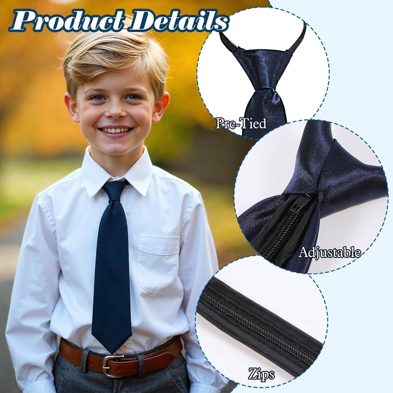 3pcs Zipper Ties for Boys, Adjustable Pre Tied Neck Strap Ties for School Uniforms Graduation Wedding Party