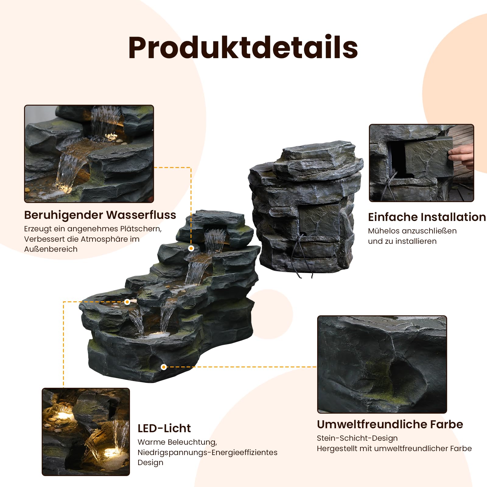 Bumilgar Solarbrunnen mit LED-Beleuchtung, 5-stufiger Etagenbrunnen aufstellbar, Naturstein-Optik Wasserfall-Brunnen für Terrasse, Balkon | Garten-Dekoration & Wohnaccessoire | 94 x 49 x 53 cm
